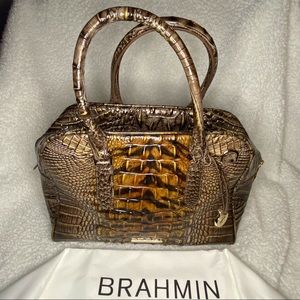 Genuine Brahmin Leather Bag in Two-Tone Chestnut Color with Croc Texture.